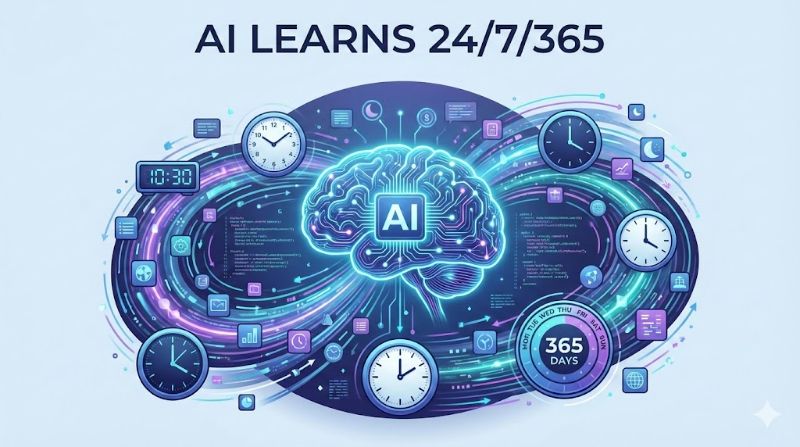 AI Learns 24/7/365 - Continuous Learning Illustration