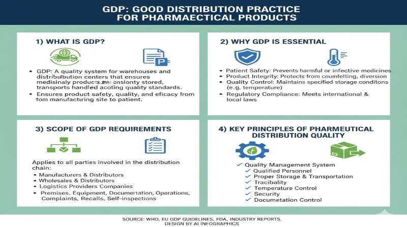 GDP Good Distribution Practice for pharmaceutical products infographic