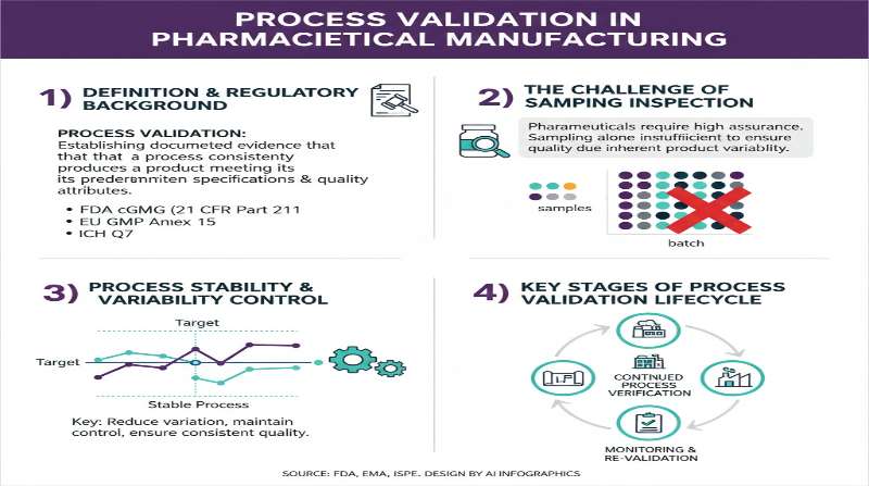 製薬製造におけるプロセスバリデーションのインフォグラフィック