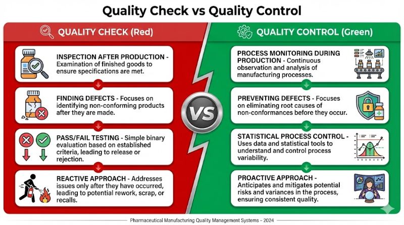 Quality Check vs Quality Control - Pharmaceutical Manufacturing Infographic