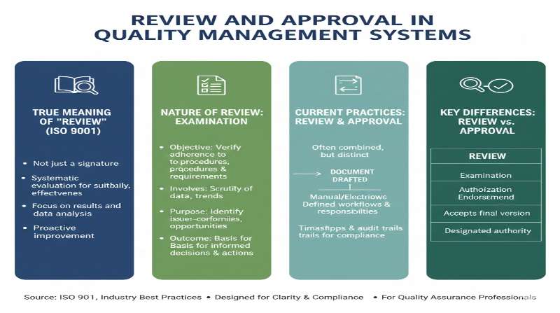 品質管理システムにおけるレビューと承認の意味を示すインフォグラフィック