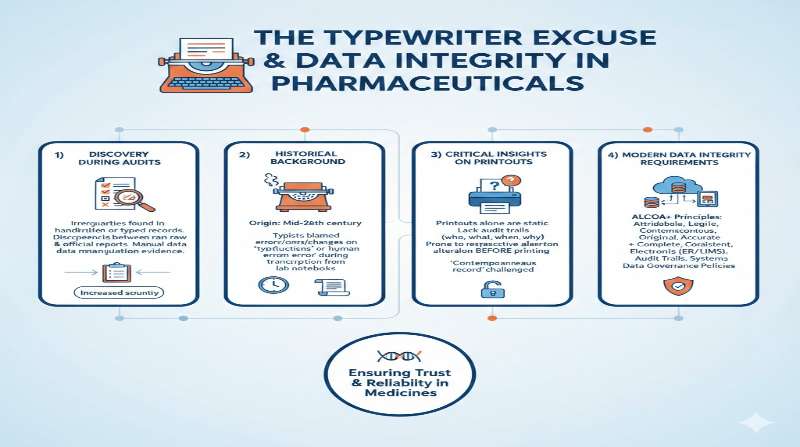 Typewriter excuse and data integrity in pharmaceuticals infographic